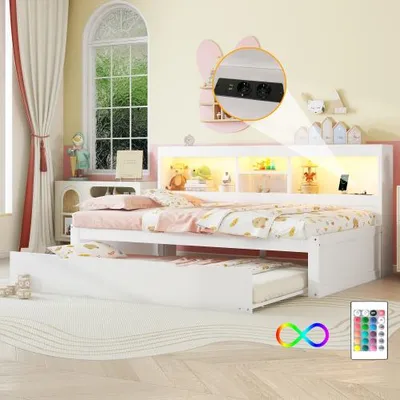 Produktbild von Multifunktionales Tagesbett mit LED-Licht, 2 USB-Anschlüssen, 2 Ladebuchsen & Stauraum, inklusive Lattenrost, Spanplatte Weiß, 90x200 cm