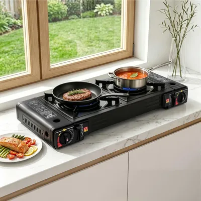 Produktbild von Gasgrill mit 2 Brennern - Tragbar - Campingkocher - Sicherheitsventil