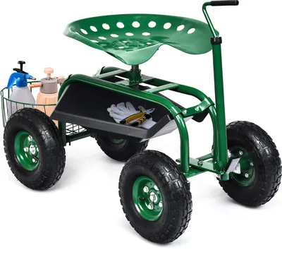 Produktbild von GOPLUS Gartenwagen, 360° drehbarer Gartensitz mit ausziehbarem Griff, Gartenhocker mit Ablage & Korb, Sitz höhenverstellbar, bis 150 kg belastbar, Rollsitz für Gartenarbeit (96,5 x 47,5 x 47-55 cm)