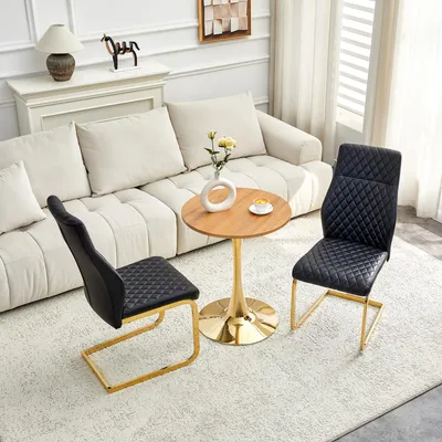Productafbeelding van Tafel- en stoelset, ronde tafel 60 cm, MDF, houtnerf, 2 stoelen met ruitpatroon, metalen frame (zwart+goud, houtkleur)