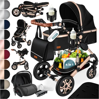 Produktbild von KESSER® Loops Kinderwagen 4 in 1 Kombikinderwagen Komplett-Set auch als Buggy für Kinder bis 4 Jahre inkl. Babywanne, Babyschale + Fußsack, Korb, Wickeltasche, Regen- & Insektenschutz & Flaschenhalter