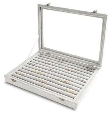 Produktbild von Schmuckkästchen mit transparentem Deckel – Organizer für Ringe/Ohrringe – Samtinnenfutter – 10 Fächer – 13,8 Zoll x 9,5 Zoll x 2 Zoll – Geschenk für Damen – Schmuckorganizer
