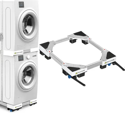 Produktbild von Waschmaschinensockel mit Rollen 7 cm, verstellbar 42-69 cm, Tragkraft 400 kg, Edelstahl und Kunststoff, für