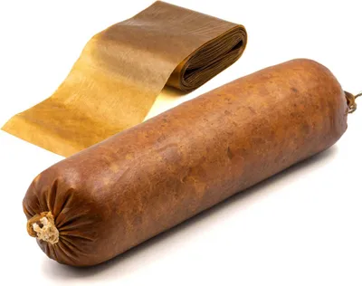 A sausage casing and a roll of casing on a white background.