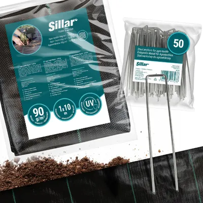 Produktbild von Sillar Unkrautvlies Set 1x10 m 90 g/m² + 50 Stahlanker – Gartenvlies Mulchvlies Unkrautfolie UV-stabilisiert