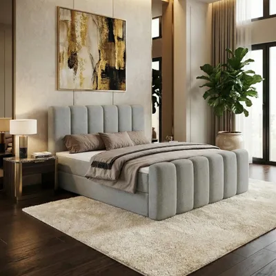 Produktbild von Boxspringbett NOLA 180x200 cm mit Bettkasten inkl. Bonell-Federkernmatratze H3 und Topper – Bouclé-Stoff LAMBI Hellgrau