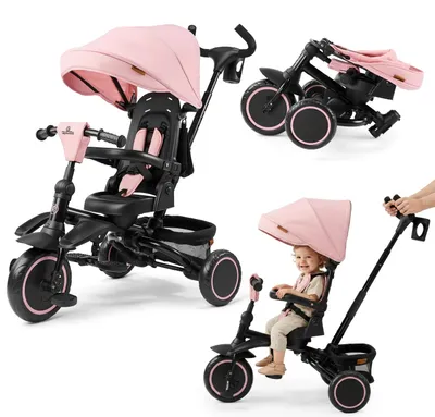 Image de Tricycle Kinder - Tricycle pliable 3-en-1 avec barre de poussée - Siège rotatif à 360° - Repose-pieds réglable - Panier et capote pare-soleil - Pour les enfants de 3 à 6 ans - Rose