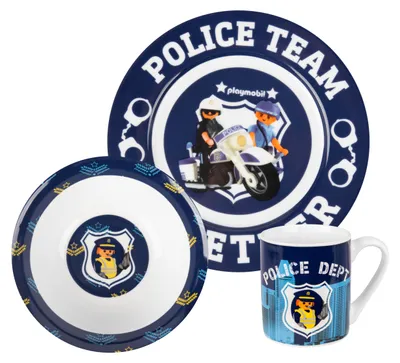 Image de PLAYMOBIL Set de petit déjeuner pour enfants - Police Team Police Set de vaisselle 3 pièces Assiette, bol & tasse en porcelaine