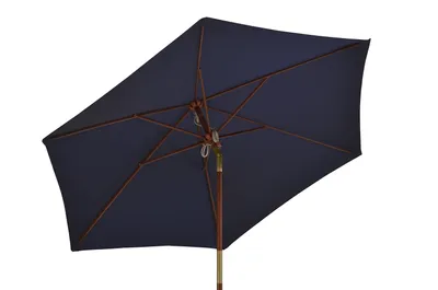 A dark blue rectangular umbrella with a wooden pole and frame, shown from a top-down angle against a white background.