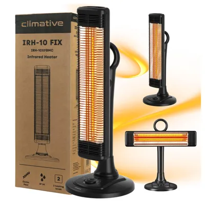 A collage of an infrared heater, its packaging, and close-up views of its heating elements.