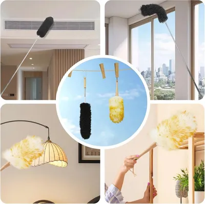 Teleskopischer Staubwedel mit Bambusgriff - Waschbarer Mikrofasertuch - Ideal für hohe Decken