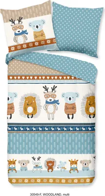A flat lay of a duvet cover and pillowcase set with a woodland animal theme.