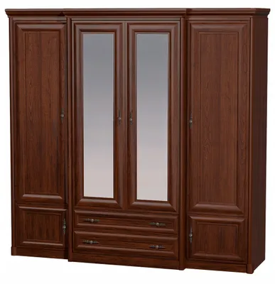A dark brown wooden wardrobe with mirrored doors and drawers.