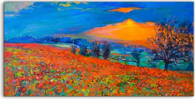 Produktbild von Coloray - Glasbild - 120x60 cm - Wandbild - Glasbilder - bunte Mohn Blumen und Sonnenuntergang