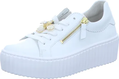 A white Gabor women's sneaker with gold accents and a bee embellishment.
