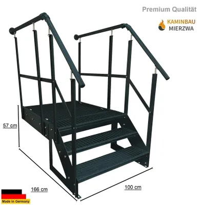 Produktbild von Podesttreppe Stahltreppe 3 Stufen Freistehend Höhe 57cm inklusive Podest 100x100cm mit Geländer Anthrazit Ausrichtung Treppe Vorne (Front) Außentreppe