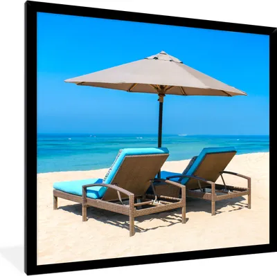 Produktbild von MuchoWow® Gerahmtes Poster Strandkorb - Sonnenschirm - Sommer - Meer 40x40 cm - Poster mit Schwarzem Bilderrahmen Wandposter Rahmen Foto Bilder - Mit Rahmen - Wanddekoration Schlafzimmer