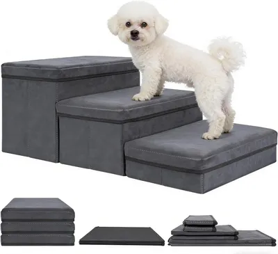 Immagine prodotto di Scala per animali domestici, dimensioni 30 x 81 x 42 cm, 3 gradini, con spazio di stoccaggio, pieghevole, color grigio scuro, per cani