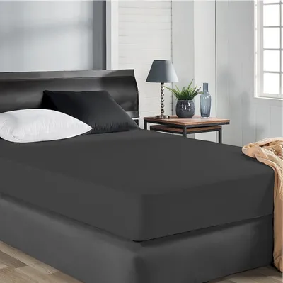 A bed with a mattress protector, pillows, and a bedside table with a lamp and plant.