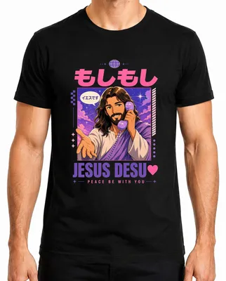 Imagen del producto de Camiseta para hombre con diseño "Moshi Moshi Jesus Desu Peace Be With You Japan Y2K Vaporwave", color , talla XXL