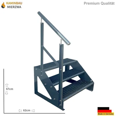 Produktbild von Gitterrost Stahl Freistehende Treppe 3 Stufen Verzinkt & Anthrazit Pulverlackiert + Geländer Links - (L x B x H) 63cm x 80cm x 57cm