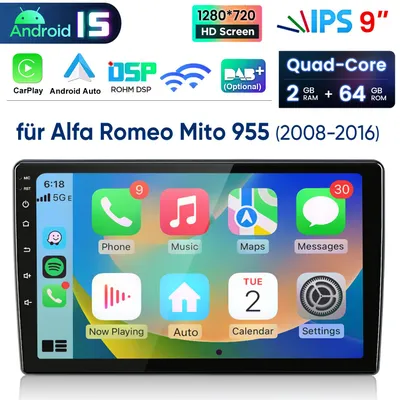 Image de Autoradio à écran tactile 9 pouces CarPlay/Android 15 pour Alfa Romeo Mito 2008-2019 avec GPS, Wi-Fi, DAB+, Bluetooth, USB, SWC, DSP et 2+64 Go
