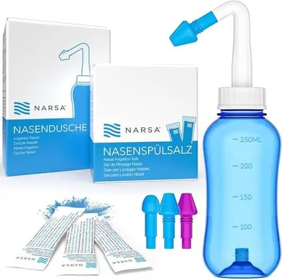 Produktbild von Nasendusche-Set für Erwachsene und Kinder - 30 Nasenspülpulver - Inklusive 3 Aufsätzen - Effektive Nasenspülung bei Allergien und