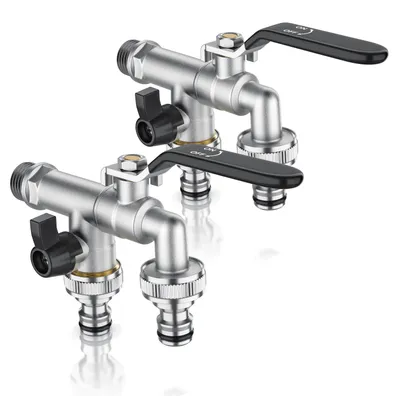 Produktbild von Brandson Wasserhahn Garten, Kugelhahn, Auslaufhahn, 2er Set, 1/2 Zoll & 3/4 Zoll aus Messing, 2 separat schaltbare Ausgänge, Schnellkupplung, Dichtband für Garten