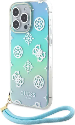 Immagine prodotto di Custodia Guess per iPhone 15 Pro Max - Iridescente - motivo glitterato peonia - cinturino - Turchese