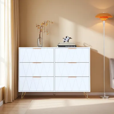 Immagine prodotto di UnboxG Comò a 6 cassetti, bianco, credenza / armadio contenitore con frontale a rombi, mobile da soggiorno, comò da camera da letto, armadio contenitore