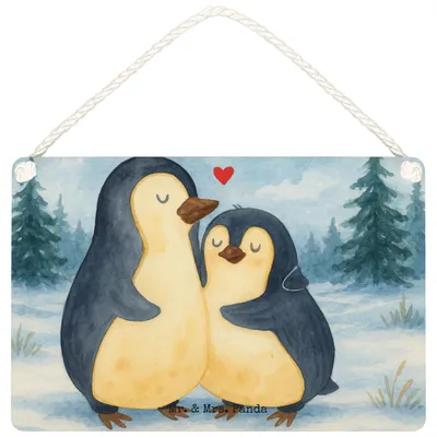 Produktbild von Mr. & Mrs. Panda Schild Pinguin umarmen Design DIN A6 - Weiß - Geschenk, Umarmung Verliebt, Liebe, Türschild, Verknallt, kleine aufmerksamkeit, hängeschild, holzbild