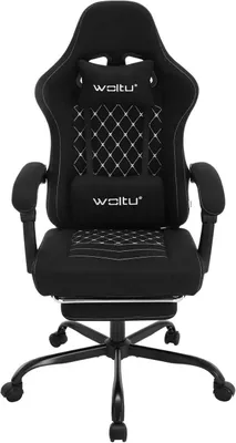 A black gaming chair is shown from the front against a white background.