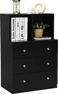 Productafbeelding van COSTWAY Kommode met 3 lades en 2 vakken, houten dressoir met omvalbeveiliging, moderne opbergkast/ladekast voor slaapkamer, hal en kantoor, 60 x 40 x 94 cm (zwart)
