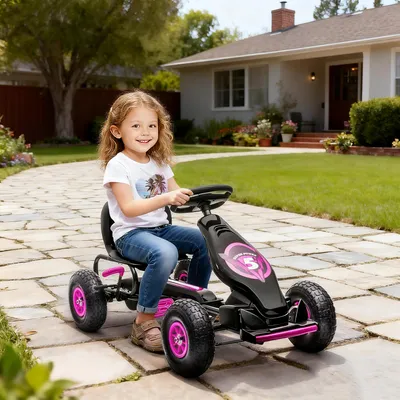 Produktbild von Sweiko Kinder-Gokart, mit Pedalen, verstellbarem Sitz, In- und Outdoor, ab 5 Jahren, Rosa+Schwarz, 121 x 58 x 61 cm