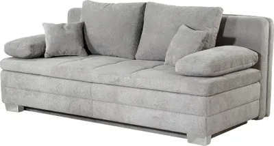 A gray sofa bed with multiple cushions is shown from the front.