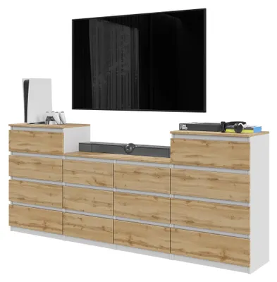 Produktbild von Kommodenset Weiß Matt / Wotan Eiche mit 14 Schubladen (4+6+4) – Großes Sideboard Set für Schlafzimmer & Wohnzimmer – GABRIEL