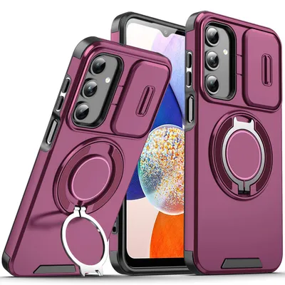Obrázek produktu pro Dvouvrstvé pouzdro pro Samsung Galaxy A14 5G/4G, s posuvným krytem fotoaparátu a magnetickým kroužkovým stojánkem Třešňově