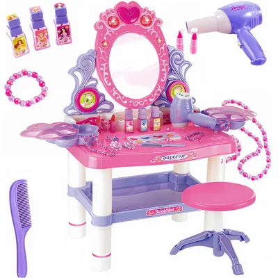 A toy vanity set for children, including a mirror, stool, and various accessories.