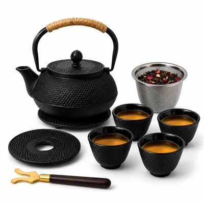 Produktbild von ASATO Gusseisen-Teekanne 0,9 l Set mit 4 Teeschalen und Edelstahlfilter, KI-generiertes Bild