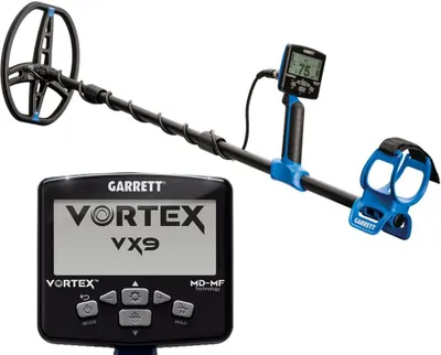 A metal detector and its control unit are displayed against a white background.