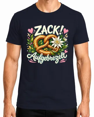 Produktbild von Zack Aufgebrezelt Brezel Edelweiss Trachtenshirt Lederhose Dirndl Herren T-Shirt, Navy, XL