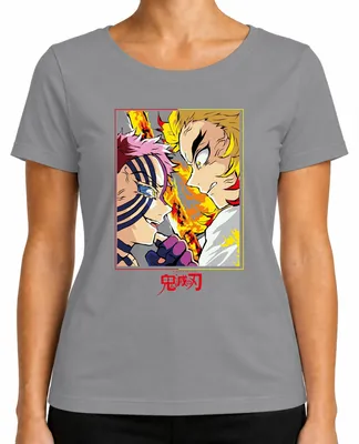 Productafbeelding van Demon Slayer: Kimetsu no Yaiba, Rengoku Akaza, Vlammengevecht, Anime, Cadeau, Dames T-shirt, Grijs, Maat M