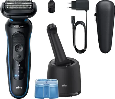 A collection of Braun electric shaver accessories is displayed against a white background.