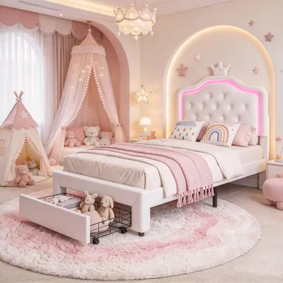 Immagine prodotto di Letto per bambini INONEFT, imbottito, 90x200 cm, con luci LED e cassetti, letto per bambini con testiera a forma di , letto a forma di principessa, singolo, in PU, bianco