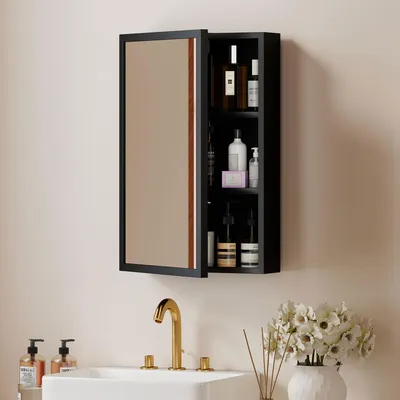 Produktbild von Sweiko Spiegelschrank, Badschrank, 3 Regalfächer, Edelstahl, 40x12x60cm, Schwarz