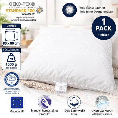 Produktbild von 1-er Set | Kopfkissen 80x80 cm | Füllung: 1000 Gramm Daunen | 100% Natur Kissen | Bezug: 100% Baumwolle | Daunenkissen 80 x 80 cm