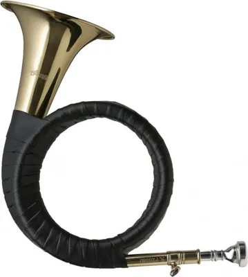 A brass hunting horn with a black leather wrap.