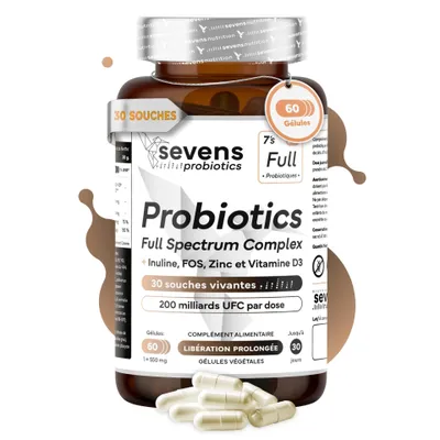 Image de Gélules de probiotiques 200 milliards d'UFC, 30 souches, avec inuline (FOS) – 60 gélules – Sevens