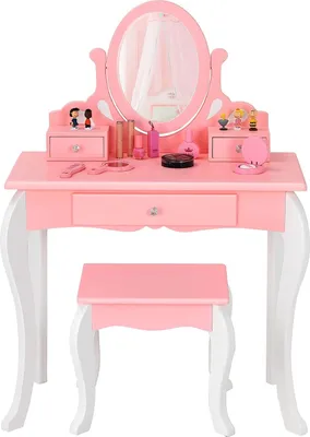 A pink and white children's vanity table with a stool and accessories.