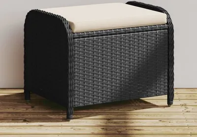 Produktbild von Design Gartenhocker mit Kissen Schwarz 58x46x46 cm Poly Rattan, Gartenhocker 2024 Neu
